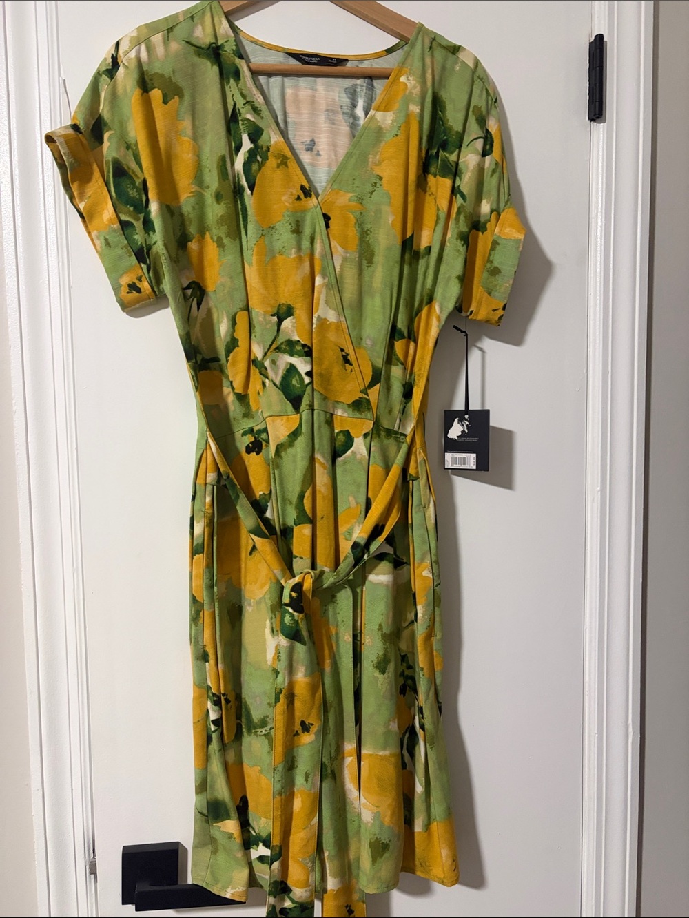 Yellow & Green Floral Wrap Mini Dress with Tie Waist